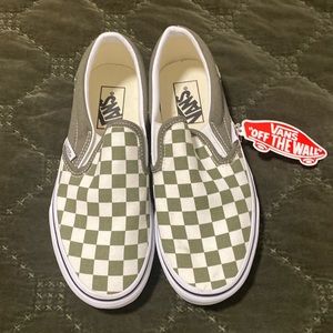 Vans olive and off white check slip-ons sz 7 W